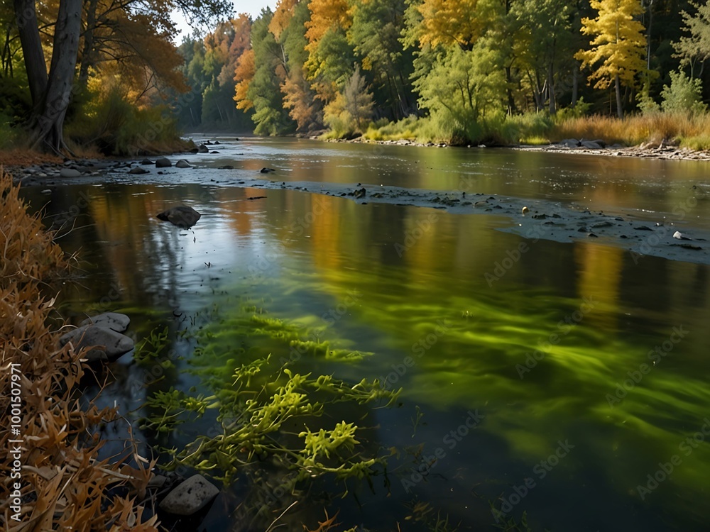 Autumn trees along a riverbank with algae bloom. Autumn trees along a riverbank with algae bloom.