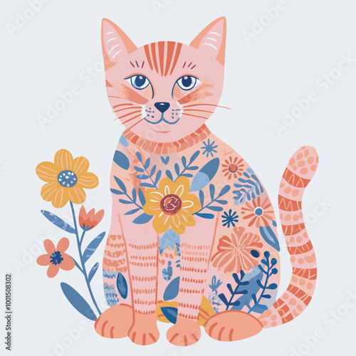 Whimsical Floral Patterned Cat Illustration in Pastel Colors