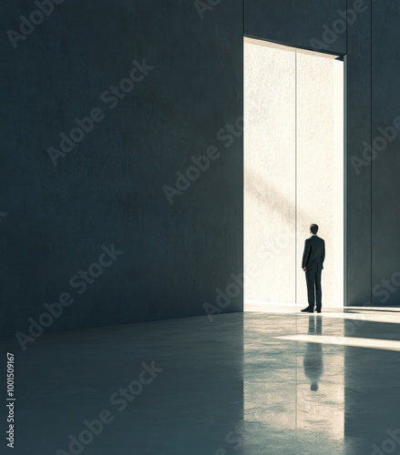 A businessman stands in a concrete room with the city outside his open door