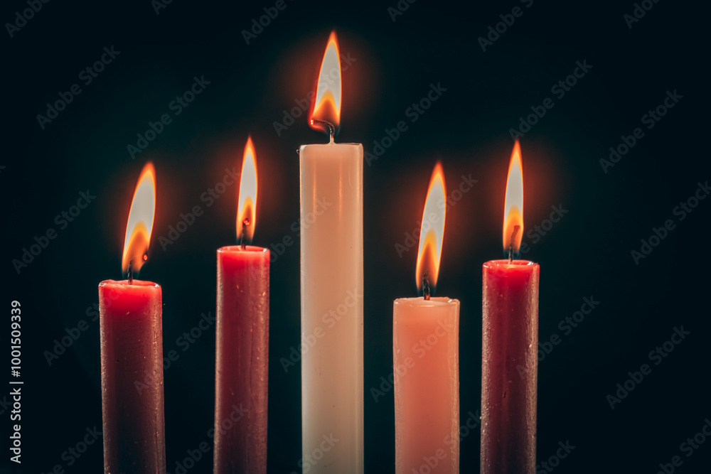 5 advent candles, pink, purple and white colors, isolated, 5 five candles burning
