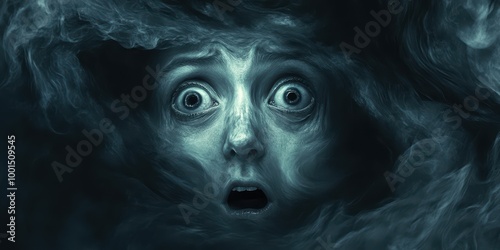 Terrified Face with Wide Eyes in Dark Smoke