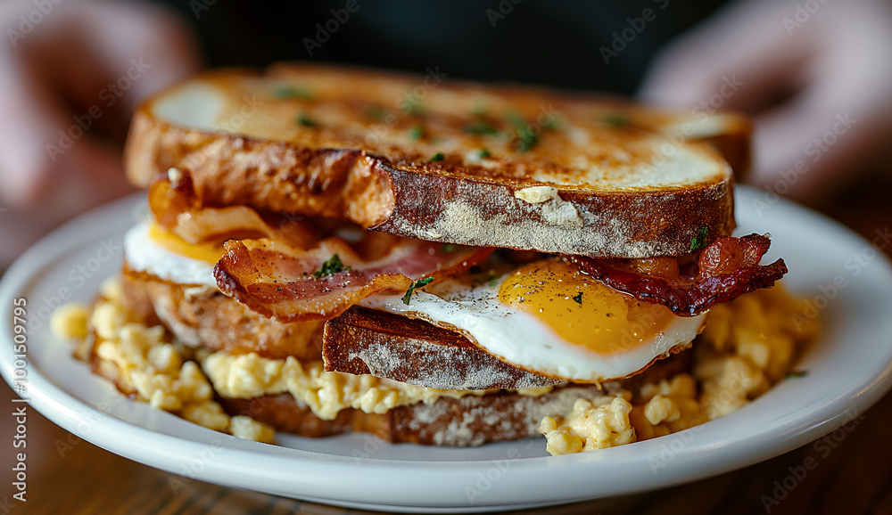 Delicious grilled breakfast sandwich with crispy bacon, egg, toast, and scrambled extras on a plate Delicious grilled breakfast sandwich with crispy bacon, egg, toast, and scrambled extras on a plate