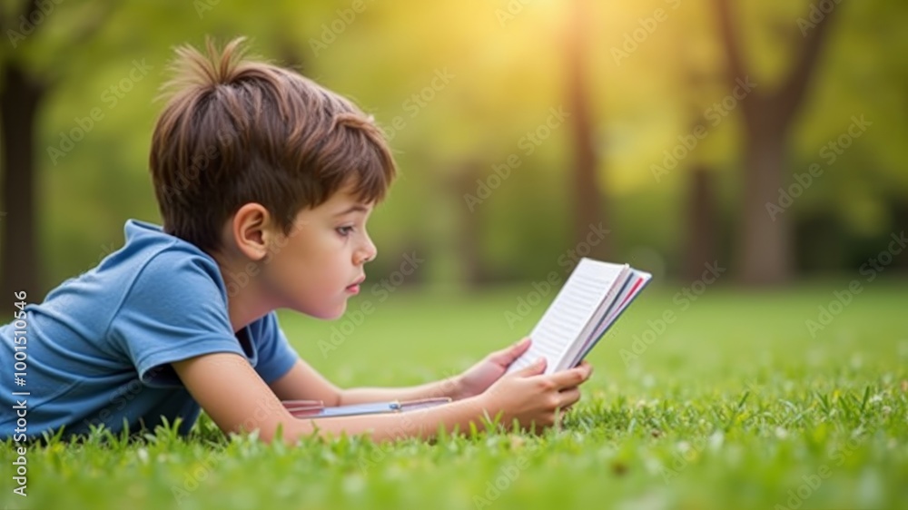 Young boy reading book intently on sunny grass Young boy reading book intently on sunny grass