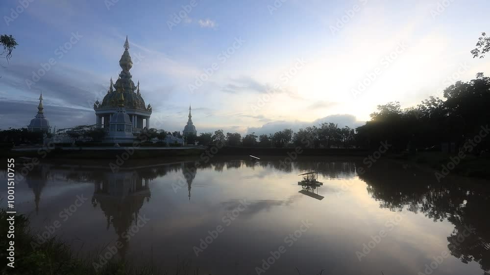 4K video background of the morning sun light overlooking the old pagoda in the middle of the water(Wat Thung Setthi) in Khon Kaen of Thailand, is beautiful and the blur of the wind blows. 4K video background of the morning sun light overlooking the old pagoda in the middle of the water(Wat Thung Setthi) in Khon Kaen of Thailand, is beautiful and the blur of the wind blows.