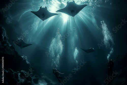 Manta rays swimming deep underwater with scuba divers in a dark ocean scene, surrounded by bubbles