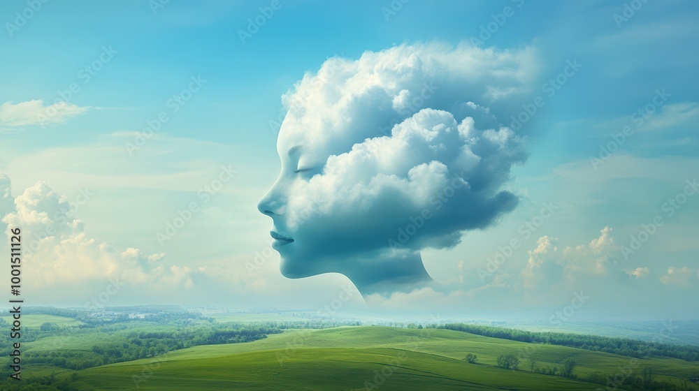 Peaceful Cloud Face in a Serene Landscape Peaceful Cloud Face in a Serene Landscape