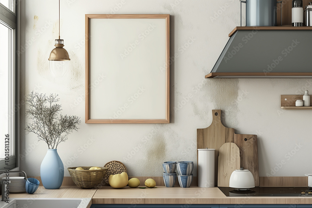 Modern kitchen interior design with wooden counter, minimalist frame, vase, apples, and basket