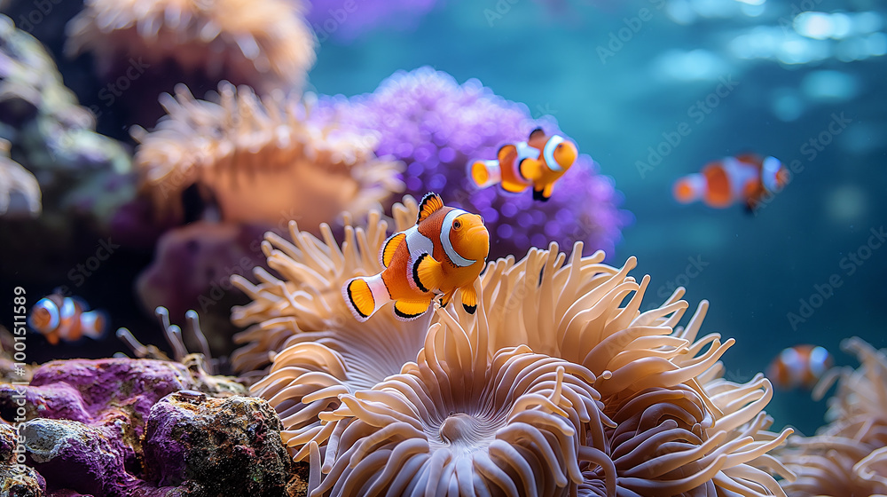 Obraz premium Clownfish and Anemonefish swimming in vibrant colorful coral reefs underwater marine wildlife habitat