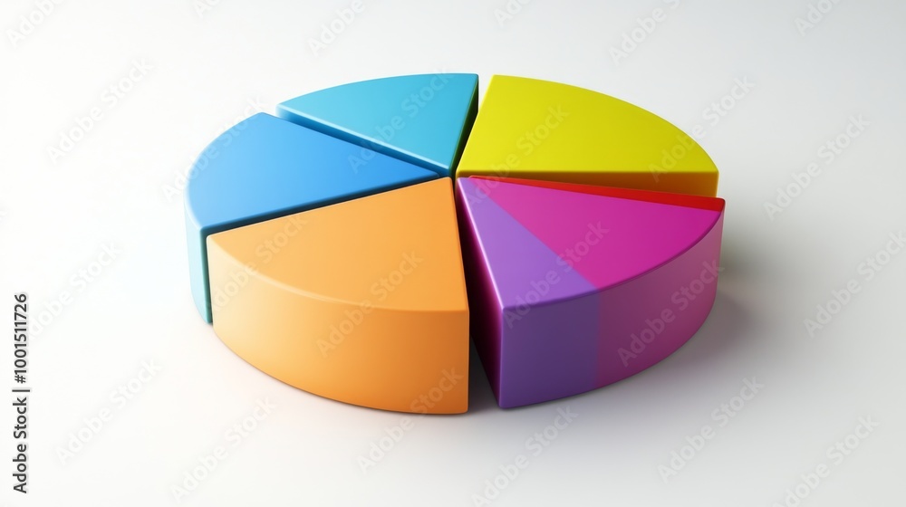 Fototapeta premium A multi-colored 3D pie chart in a minimalist style, with sections slightly lifted to show the data split, presented on a clean, white background.