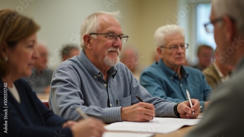 Group of seniors cheerfully discussing in study group