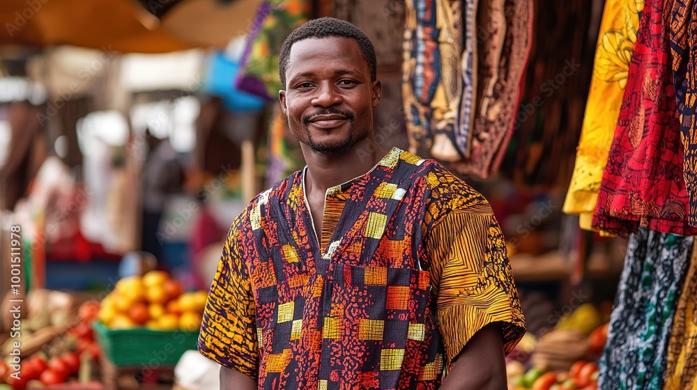 A man dressed in a traditional Tanzanian kitenge, standing in front of a vibrant market with colorful textiles.