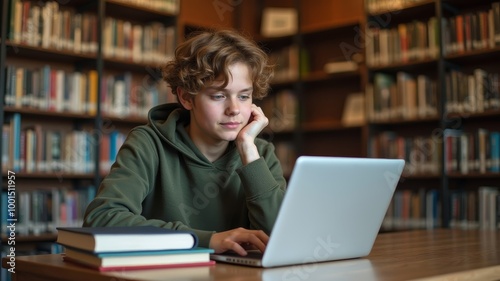 Young student focused on laptop in cozy library atmosphere