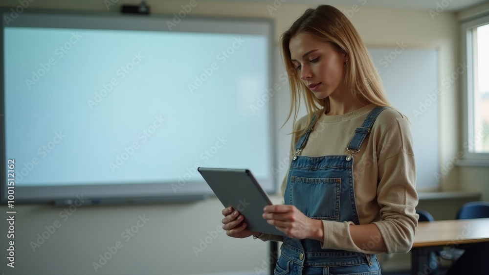 Fototapeta premium Young woman using tablet thoughtfully in bright classroom