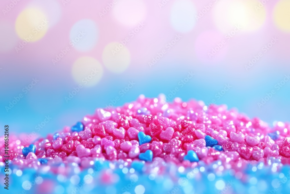 Obraz premium Sparkling pink sugar crystals with blue accents on colorful background