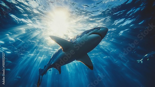 Shark swimming under ocean sunlight