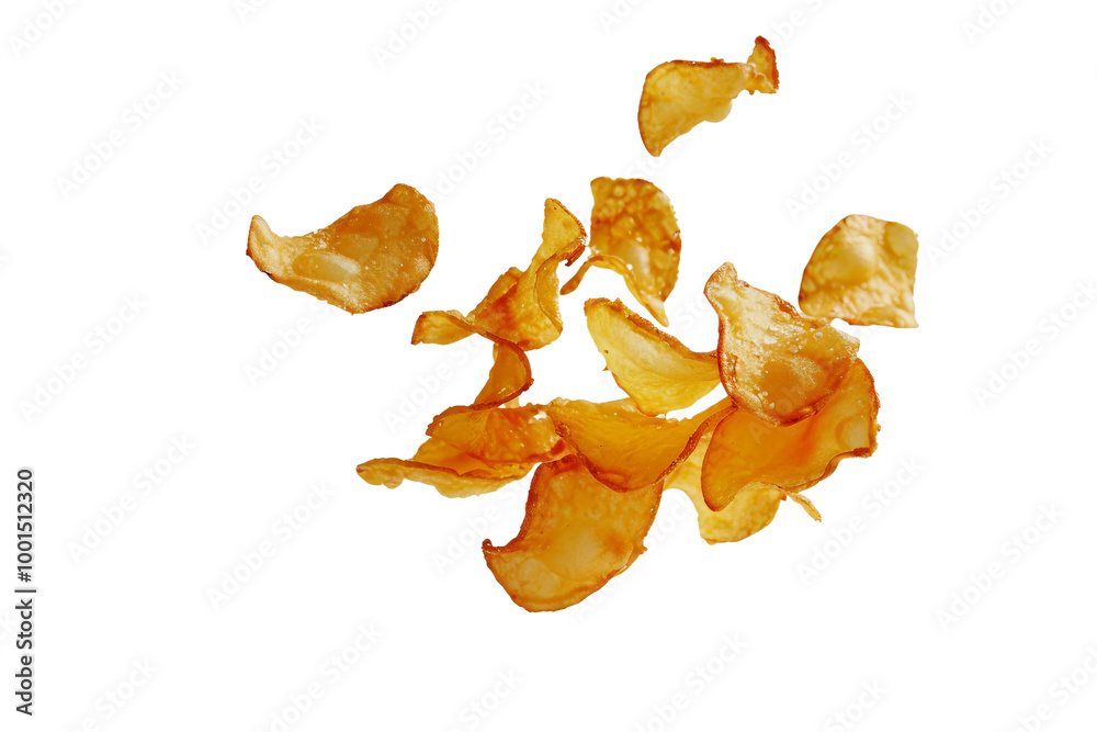 Fototapeta premium Light and crispy fried chips falling down isolated on transparent background