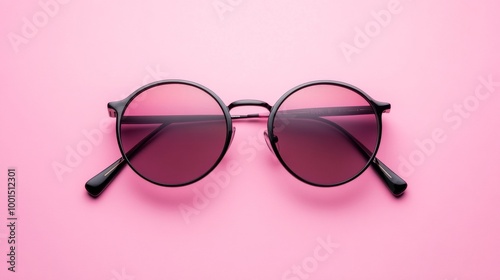 A bright pink background is paired with round sunglasses with dark lenses and metallic frames.