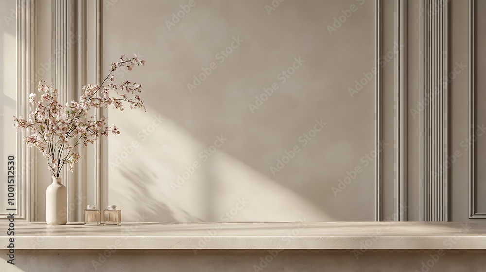 Beige tabletop on classic wall panels background. Empty concrete countertop for cosmetics, drinks and food presentation. Clean marble desk for advertising design, Beige tabletop on classic wall panels background. Empty concrete countertop for cosmetics, drinks and food presentation. Clean marble desk for advertising design,
