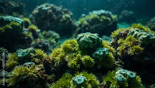 Beautiful underwater rocks with algae.