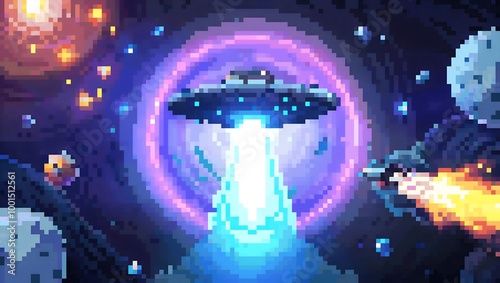 Futuristic Pixel Art UFO Abduction Scene in Deep Space