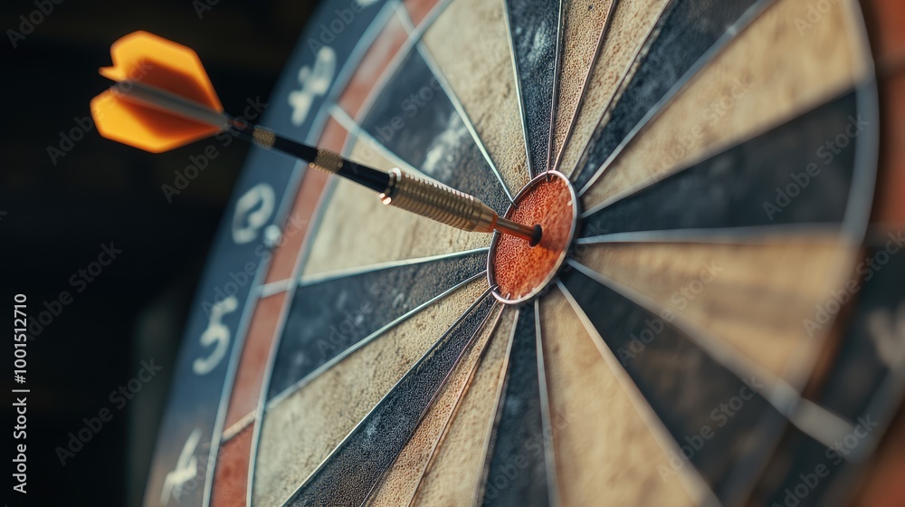 Realistic dartboard with a dart hitting the exact center, symbolizing precise achievement in business targets Realistic dartboard with a dart hitting the exact center, symbolizing precise achievement in business targets