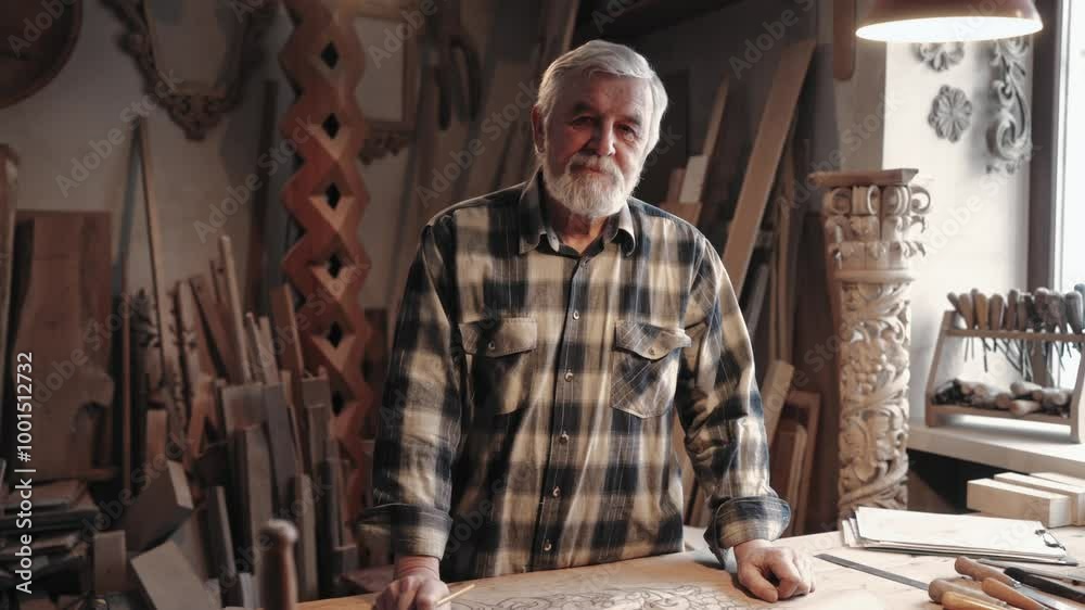 Older Caucasian man in casual checkered shirt standing behind table and looking directly at camera. Previous work of carpenter laying around in small room. Man who works with wood. Older Caucasian man in casual checkered shirt standing behind table and looking directly at camera. Previous work of carpenter laying around in small room. Man who works with wood.