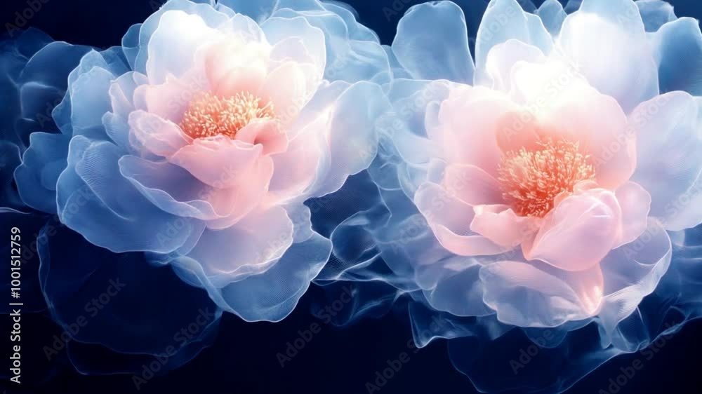 A serene exploration of dark blue minimalism featuring abstract floral shapes in soft pink and white tones A serene exploration of dark blue minimalism featuring abstract floral shapes in soft pink and white tones
