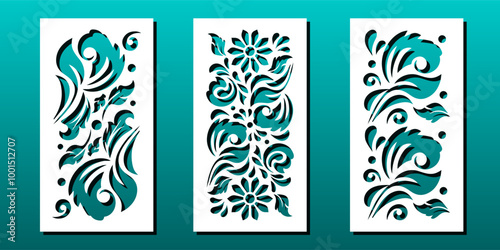 Laser cut panels in art deco style, floral pattern, oriental decorative elements. Interior room decor, privacy screen, divider panel. Cutting, engraving, carving. Vector illustration