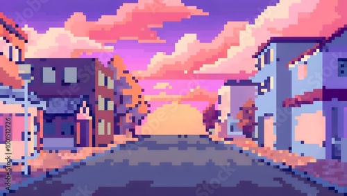 Colorful Pixel Art Sunset in a Quiet Urban Street Scene