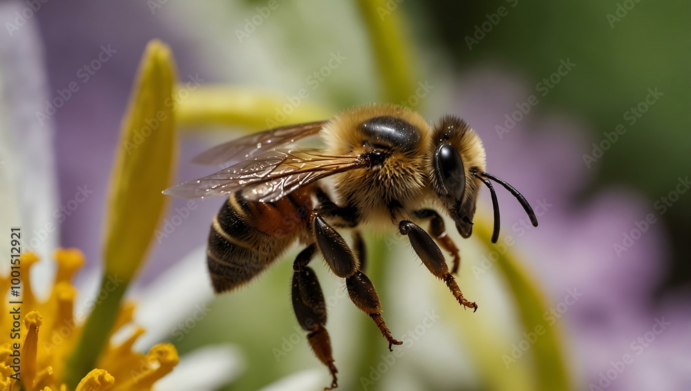 Bee feeding on nectar inside a flower, viewed from above and the side. Bee feeding on nectar inside a flower, viewed from above and the side.