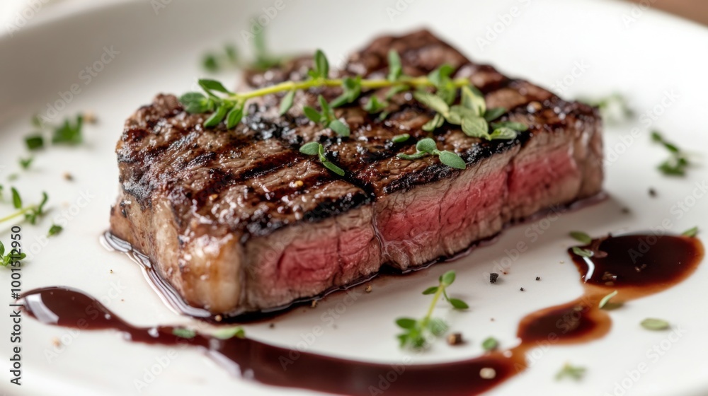 A perfectly grilled steak displayed on a pristine white plate, garnished with fresh herbs and a drizzle of balsamic glaze, emphasizing the dish's mouthwatering appeal. A perfectly grilled steak displayed on a pristine white plate, garnished with fresh herbs and a drizzle of balsamic glaze, emphasizing the dish's mouthwatering appeal.