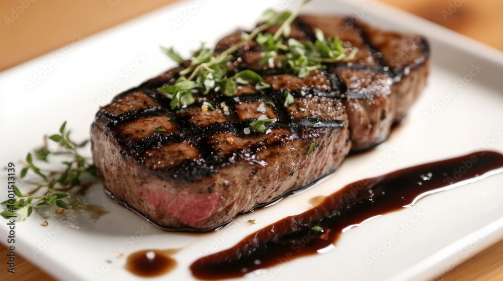 A perfectly grilled steak displayed on a pristine white plate, garnished with fresh herbs and a drizzle of balsamic glaze, emphasizing the dish's mouthwatering appeal. A perfectly grilled steak displayed on a pristine white plate, garnished with fresh herbs and a drizzle of balsamic glaze, emphasizing the dish's mouthwatering appeal.