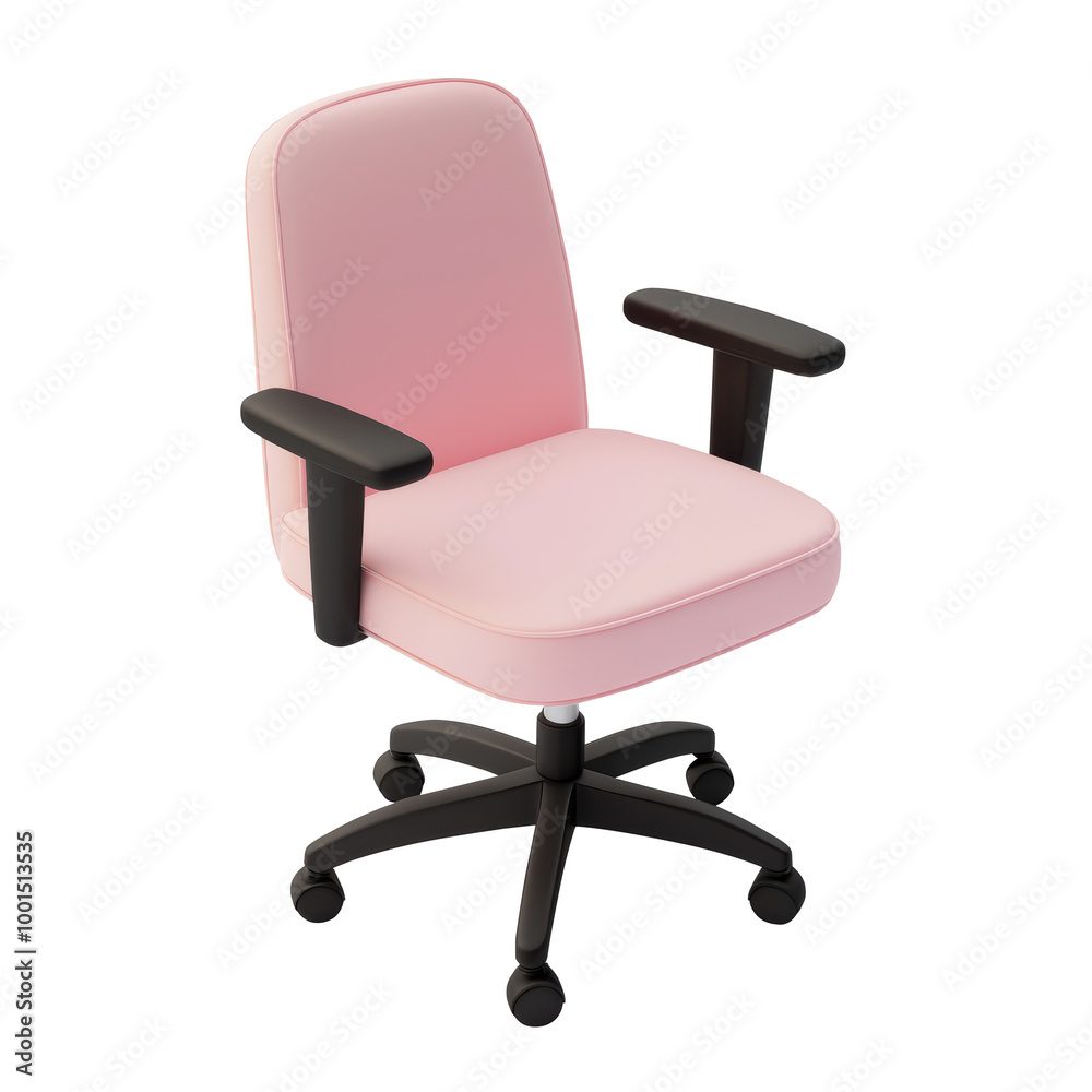 3D pink office chair with armrests featuring a cushioned seat and a wheeled base. Perfect for use in both home and office environments. Isolated on transparent background, png. 3D pink office chair with armrests featuring a cushioned seat and a wheeled base. Perfect for use in both home and office environments. Isolated on transparent background, png.