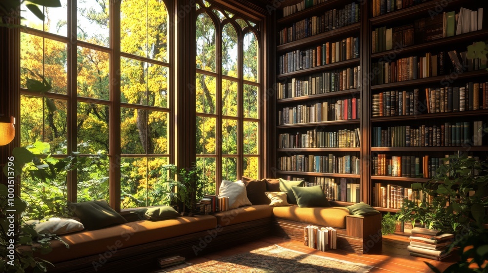 A picturesque corner of a library with large windows allowing natural light to flood in, illuminating comfortable seating and bookshelves filled with a variety of genres. A picturesque corner of a library with large windows allowing natural light to flood in, illuminating comfortable seating and bookshelves filled with a variety of genres.