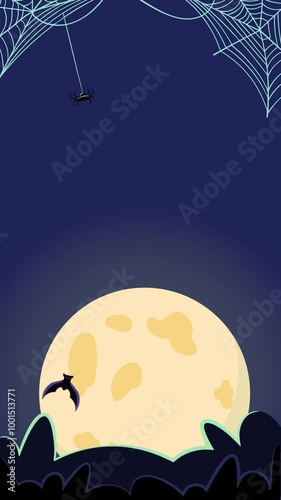 Full moon night, spider web and flying bet halloween animated motion graphics