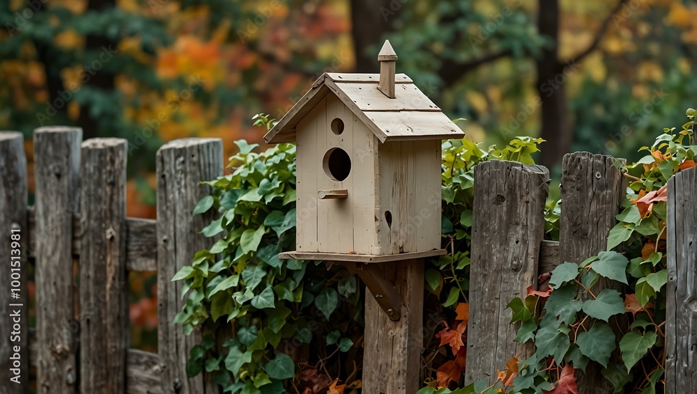 Obraz premium Birdhouse on a wooden fence covered in ivy during autumn.