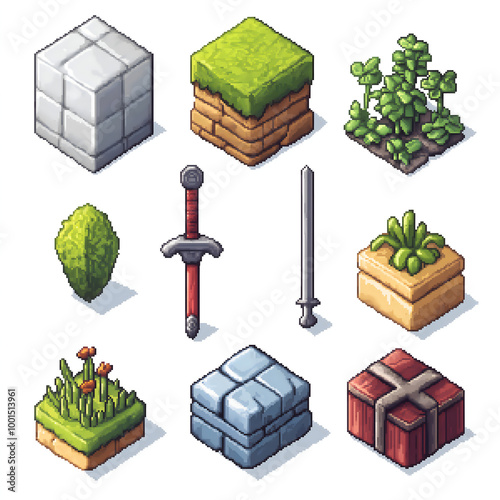 simple cubic image a set of game components: sword, armor, helmet, grass, color stone, minimalism, in pixel style, with clear geometric lines. icon, completely filled in, without shadows or gradients.