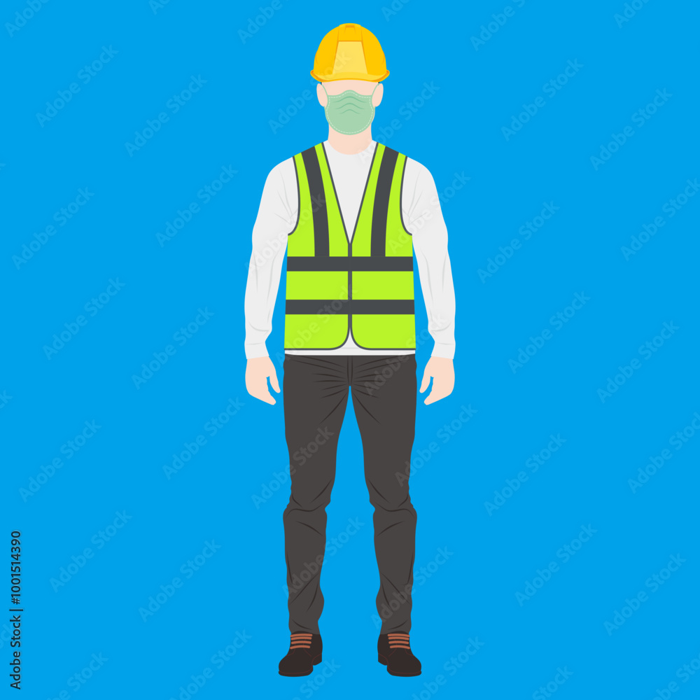 Man with long sleeves, pants, green reflective vest, dust mask, and yellow hardhat. Model for wear mandatory safety gear of protective equipment. Man with long sleeves, pants, green reflective vest, dust mask, and yellow hardhat. Model for wear mandatory safety gear of protective equipment.