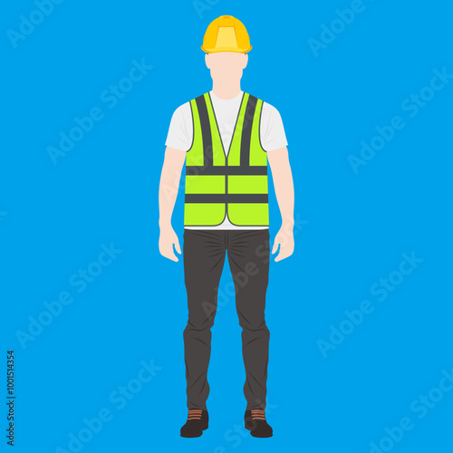 Man of engineer or construction worker stand with green safety vest, shirt, shoes, and long pants. Isolated vector illustration. Cartoon character design. Mandatory personal protective equipment.