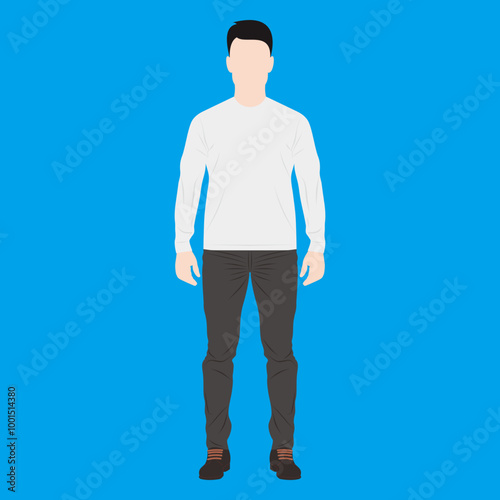 Man standing with long sleeve shirt, shoes, and long pants. Isolated vector illustration. Cartoon character design.