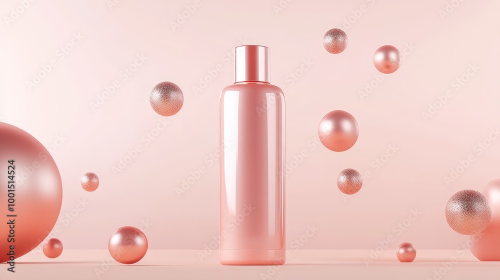 A minimalistic 3D rendering of a shampoo bottle with clean lines, surrounded by floating metallic spheres and a gentle color gradient A minimalistic 3D rendering of a shampoo bottle with clean lines, surrounded by floating metallic spheres and a gentle color gradient