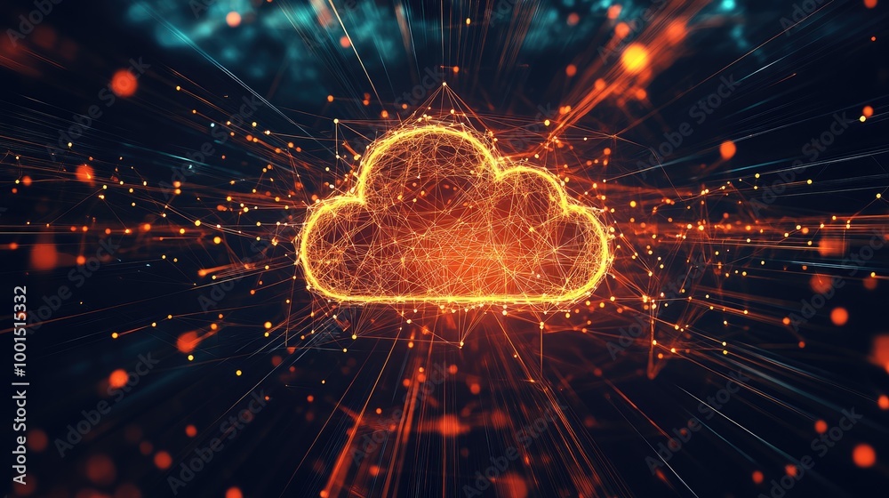 Sleek digital network graphic with a central cloud logo and a complex network of interconnected technology lines Sleek digital network graphic with a central cloud logo and a complex network of interconnected technology lines