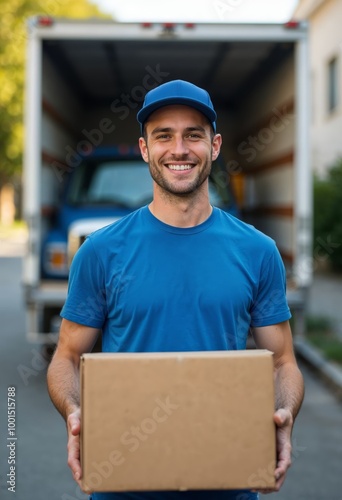 Happy Young Man Holding a Cardboard Box in a Blue T-Shirt and Baseball Cap