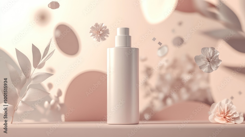 A sophisticated 3D depiction of a matte-finish shampoo bottle, with elegant geometric shapes floating around it in a soft, luxurious light