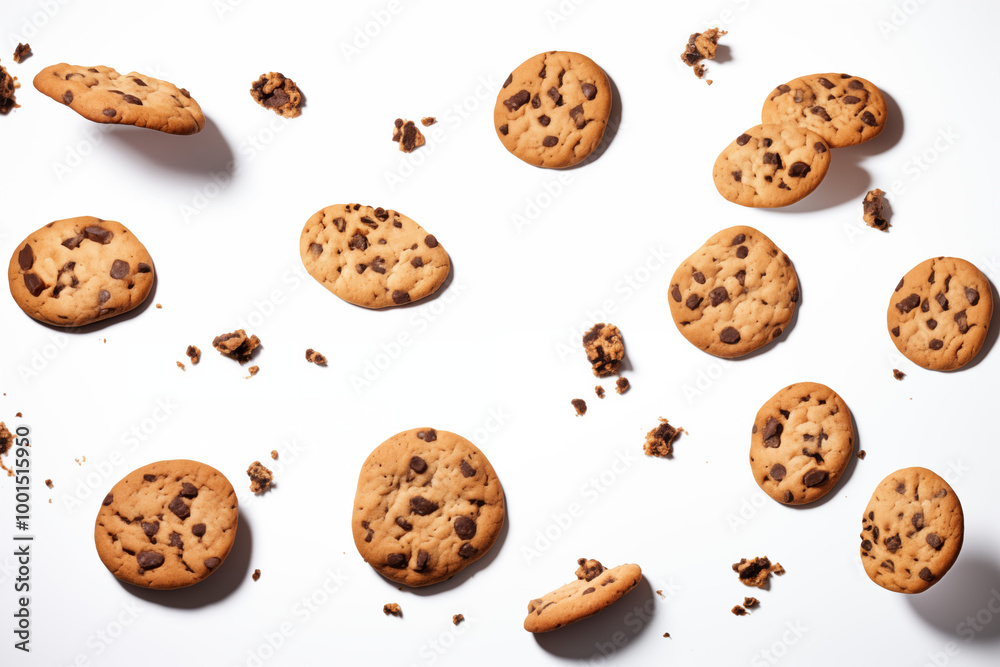 Chocolate chip cookies Flying in the air for design Background Chocolate chip cookies Flying in the air for design Background