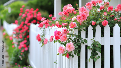 Fototapeta Naklejka Na Ścianę i Meble -  White fence with red and pink roses flowers in cottage style for background or exterior 