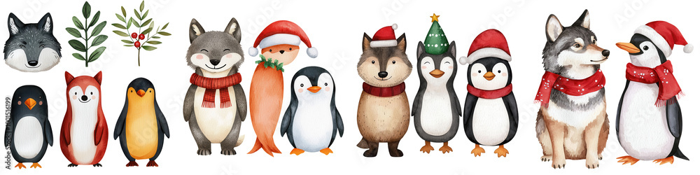 Fototapeta premium A collection of cute, festive penguins in Santa hats and holiday attire, isolated.