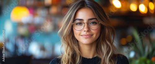 Portrait of a Beautiful Woman with Glasses in a Cafe