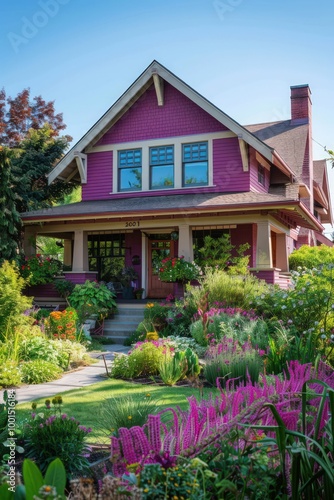 Bright magenta Craftsman-style home with wide eaves, a welcoming front porch, and a lush garden.