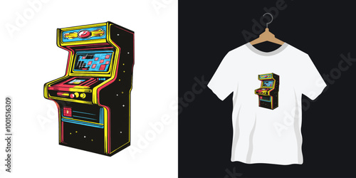 A colorful vector illustration of a vintage arcade machine gaming t-shirt design